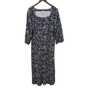 J Jill Black White Floral Print Square Neck 3/4 Sleeve Midi Dress XLT